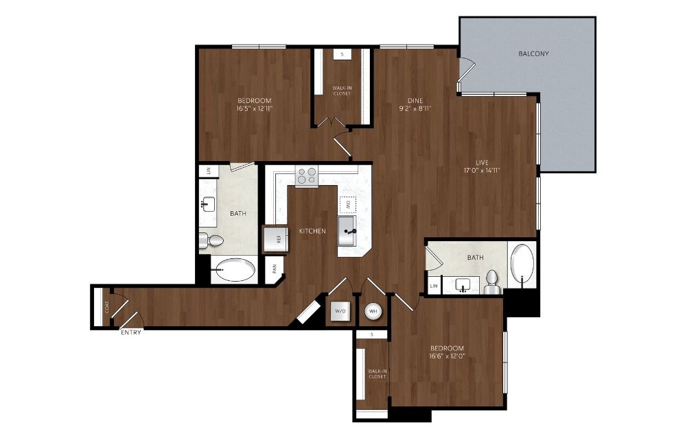 B12 - 2 bedroom floorplan layout with 2 bathrooms and 1282 square feet 2 bedroom 2 bath apartment