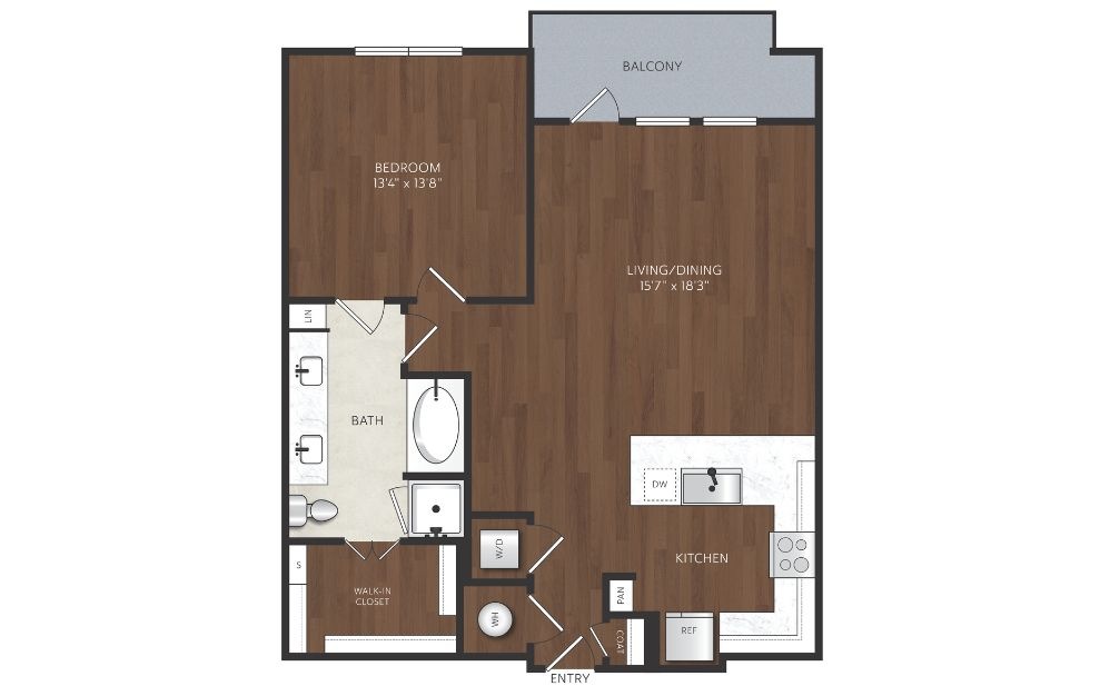 A14 - 1 bedroom floorplan layout with 1 bathroom and 899 - 913 square feet One bedroom apartment with one bathroom