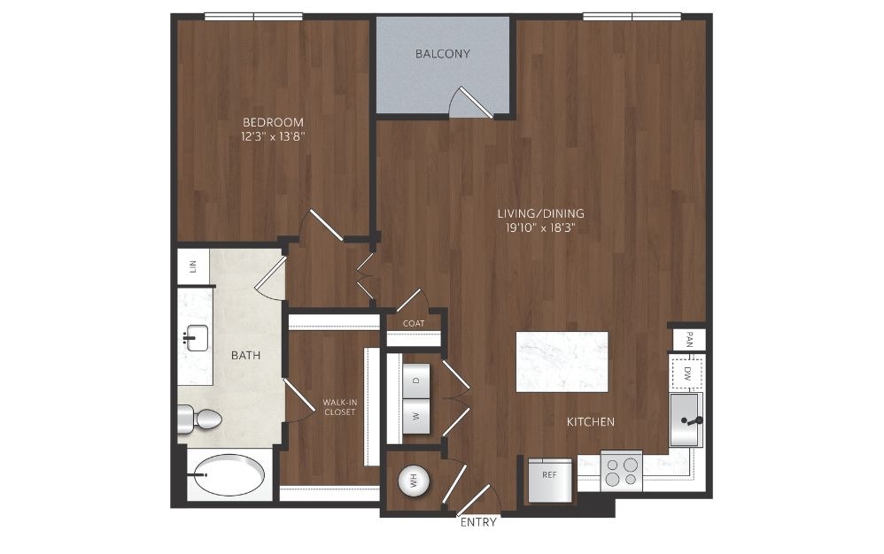 large one bedroom apartment with kitchen island
