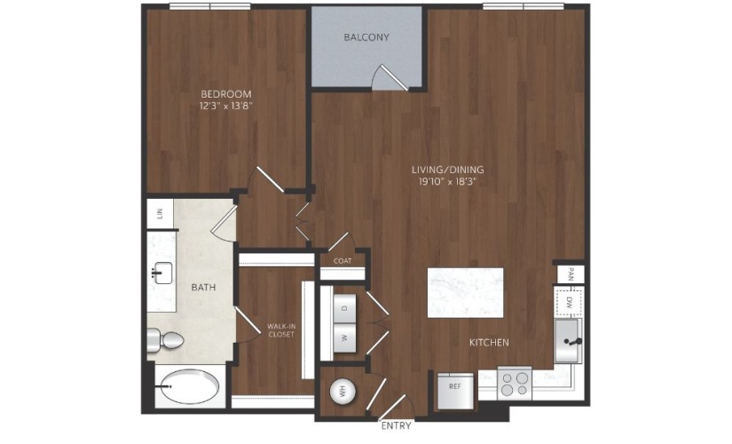 large one bedroom apartment with kitchen island