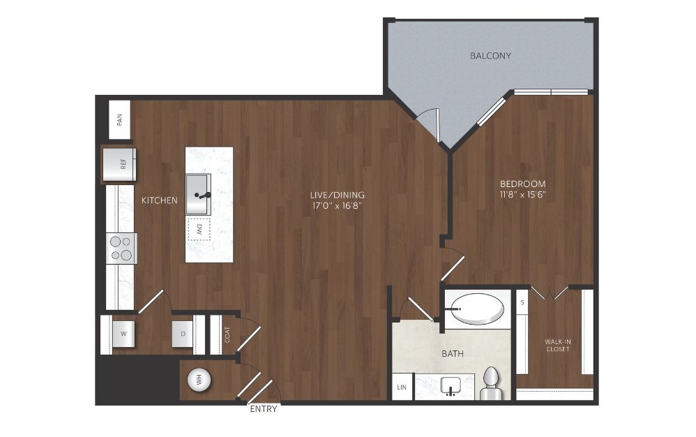 A17 - 1 bedroom floorplan layout with 1 bathroom and 925 square feet one bedroom apartment with oversized balcony and living area