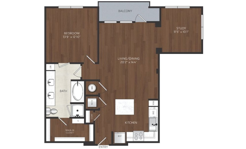 one bedroom apartment with study