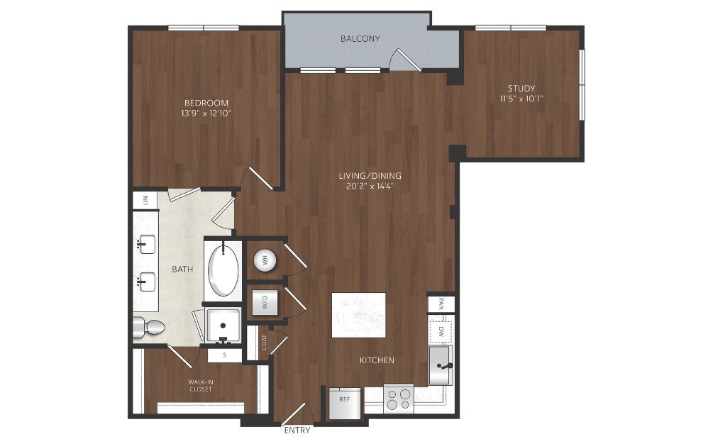 A18 - 1 bedroom floorplan layout with 1 bathroom and 993 square feet one bedroom apartment with study