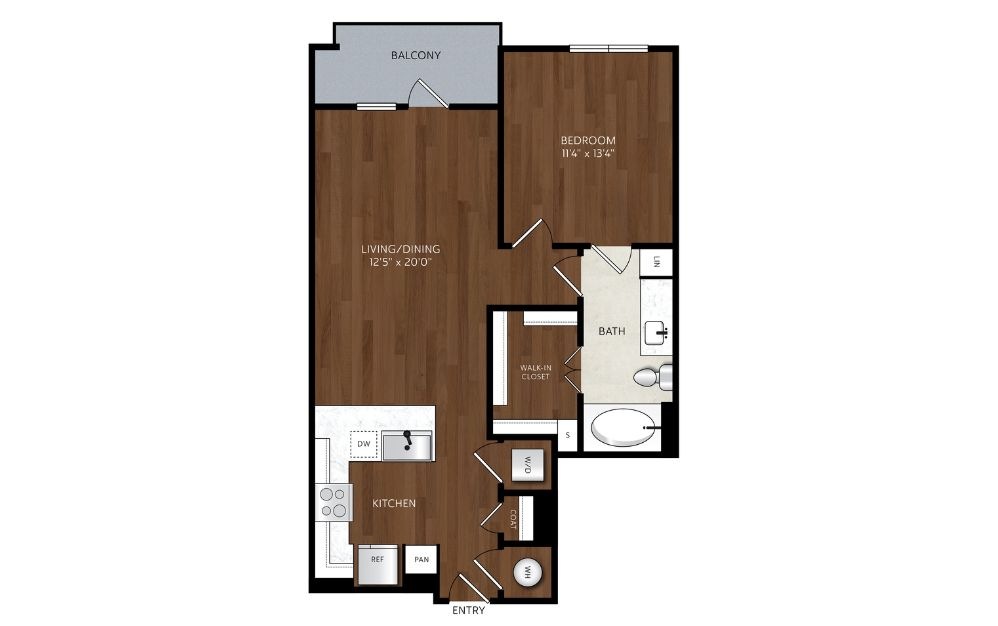 A1 - 1 bedroom floorplan layout with 1 bathroom and 749 square feet one bedroom apartment in uptown dallas